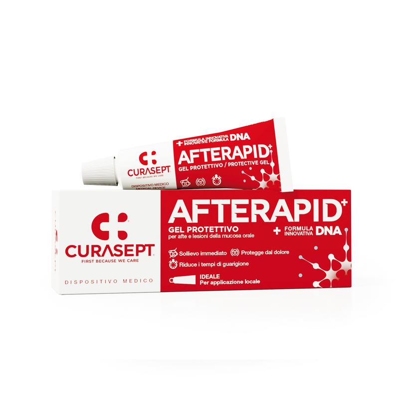 Curasept Afterapid gel in a 10ml tube, used for oral care, with a white and green packaging design.
