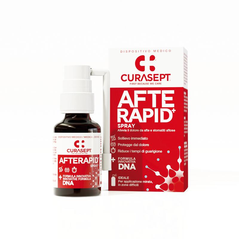 Curasept Afterapid mouth spray bottle, 15ml, for oral care and mouth hygiene, with a white and blue packaging design.