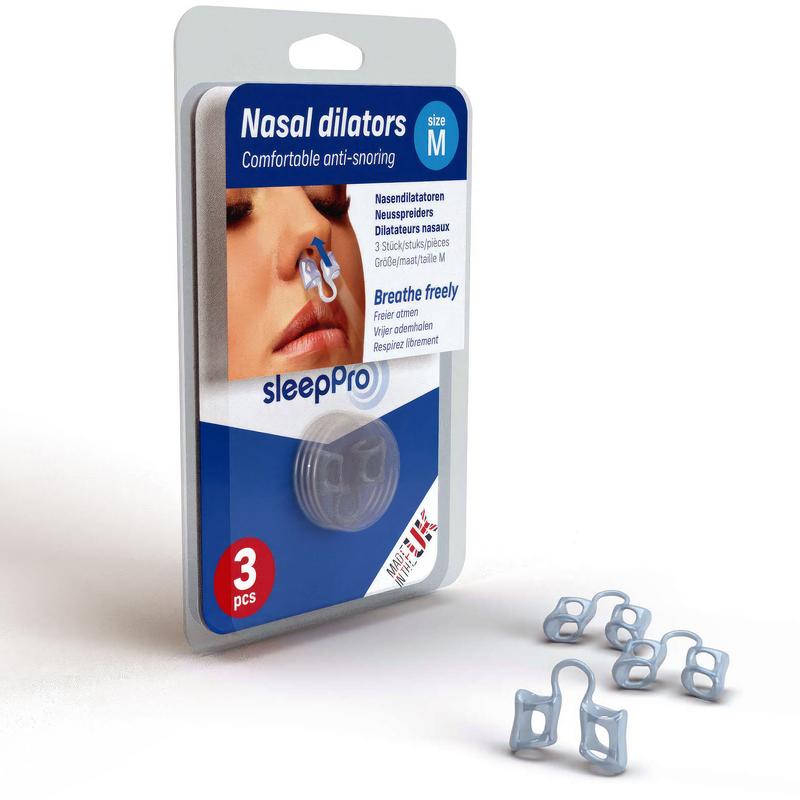 SleepPro Neusspreider medium for nasal care and inhalation, shown in a set of three nasal spray devices.