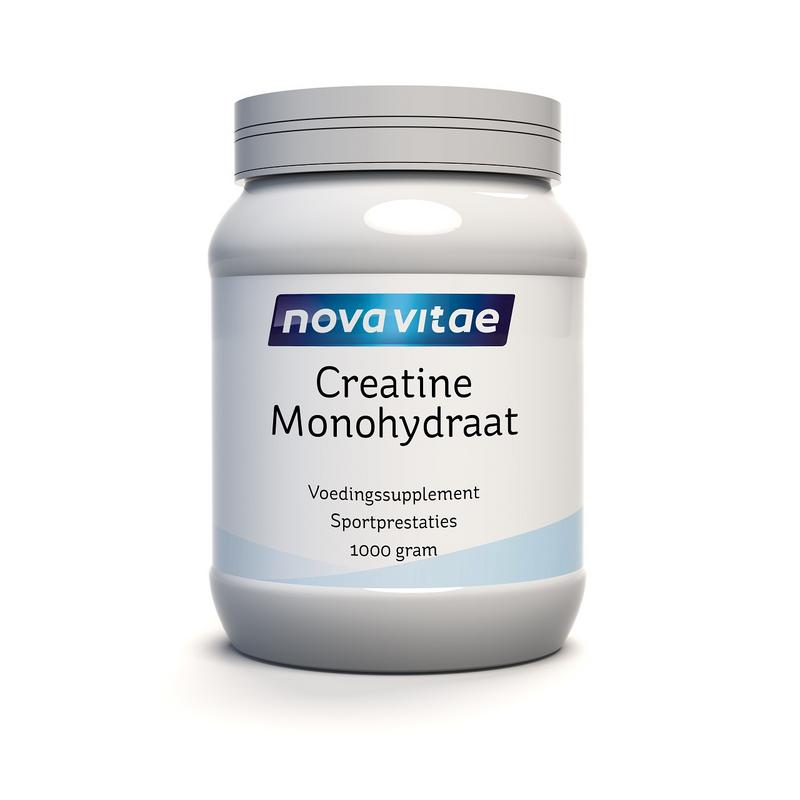 Nova Vitae Creatine Monohydrate powder in a 1kg container, used as an amino acid supplement for muscle support.