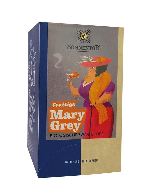 Organic Sonnentor fruity Mary Grey tea in a box, 18 tea bags, with dried fruit and floral notes visible in the packaging.