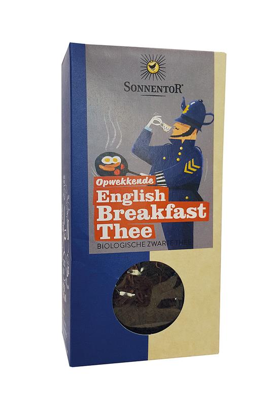 Sonnentor Opwekkende English Breakfast thee los bio 70g, loose organic black tea in a clear bag with tea leaves visible.