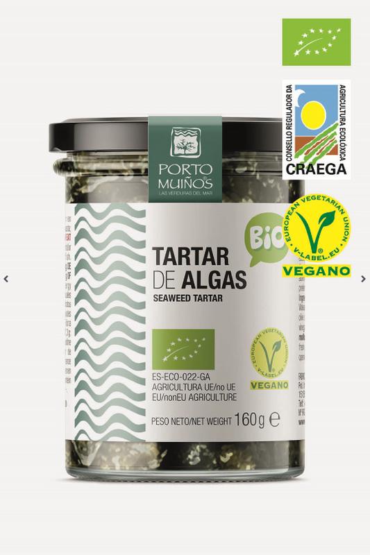 Porto-Muinos Zeewier bio spread on bread, showing a jar of the 160g seaweed spread for bread and toast.