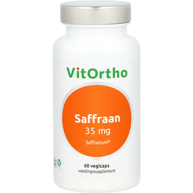 VitOrtho Saffraan 35mg vegetarian capsules, herbal supplement with saffron, shown in a bottle with capsules inside.