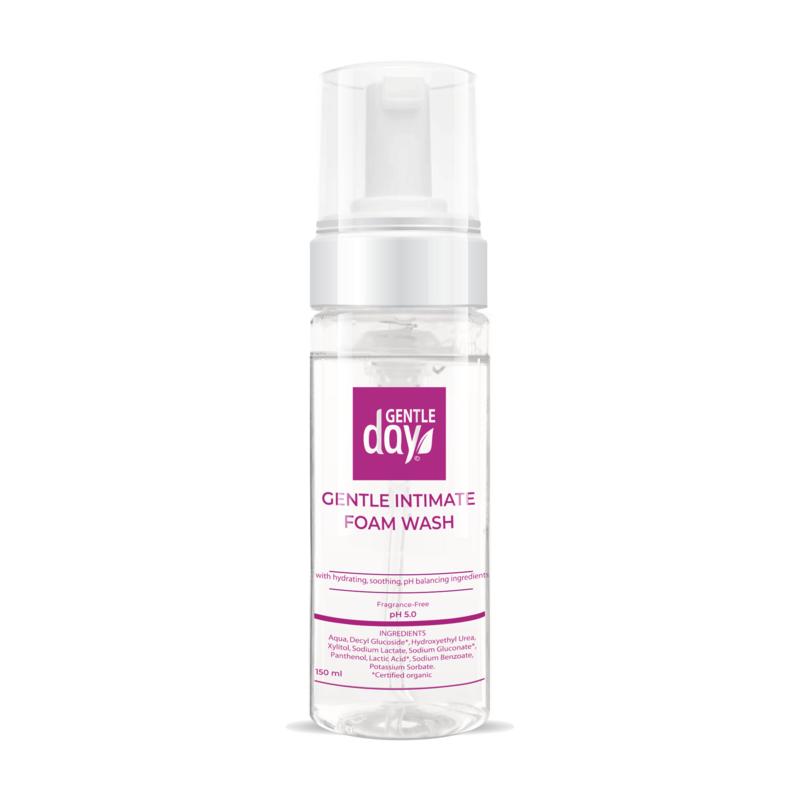 Gentle Day dameshygiëne intieme schuimwas in 150ml bottle, soft and soothing feminine hygiene product, product image.
