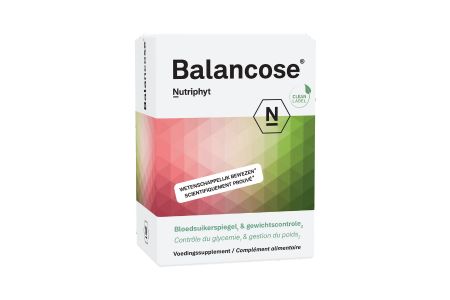 Nutriphyt Balancose herbal supplement capsules in a bottle, part of Nutriphyt's kruidenpreparaten line.