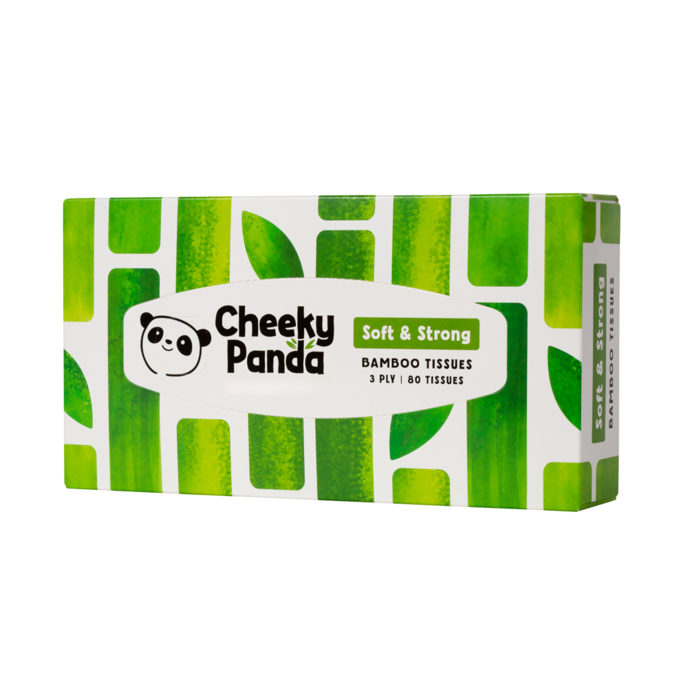 Box of The Cheeky Panda bamboo tissues with 3-ply tissues, showing a pack of 80 tissues with bamboo-themed packaging.