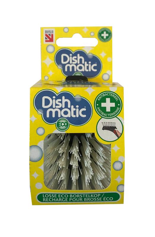 Dishmatic kitchen dish brush head made from recycled materials, durable cleaning tool for dishes and cookware.