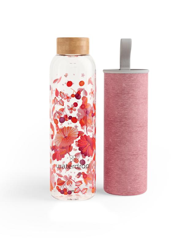 Waterdrop relax 600ml glass drink bottle for cooking and dining, clear and reusable, shown with a glass of water.