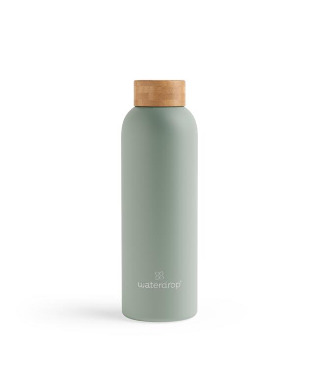 Waterdrop stainless steel pastel olive matte 600ml drink bottle for cooking and dining, with a sleek, modern design.