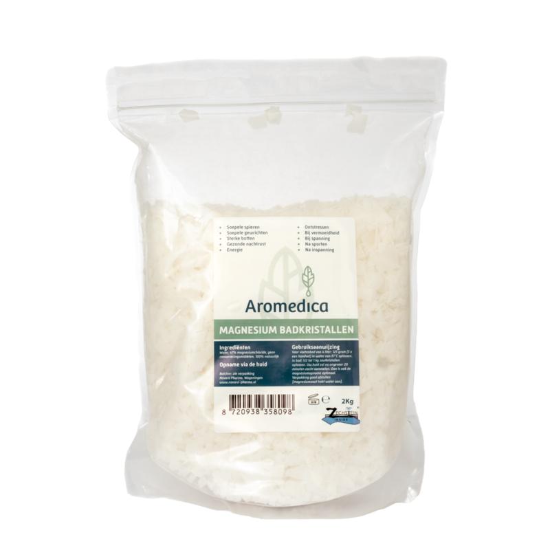 Aromedica magnesium bath crystals in a 2kg bag, designed for relaxing baths and shower use with mineral-rich ingredients.