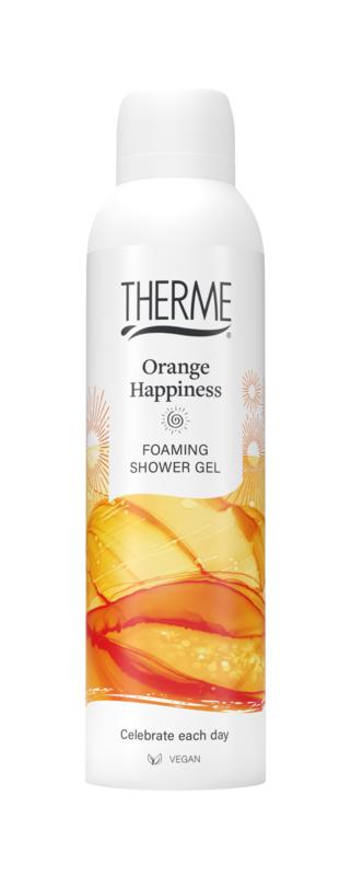Therme Orange Happiness foaming shower gel in 200ml bottle, gentle bath and shower product with citrus scent.