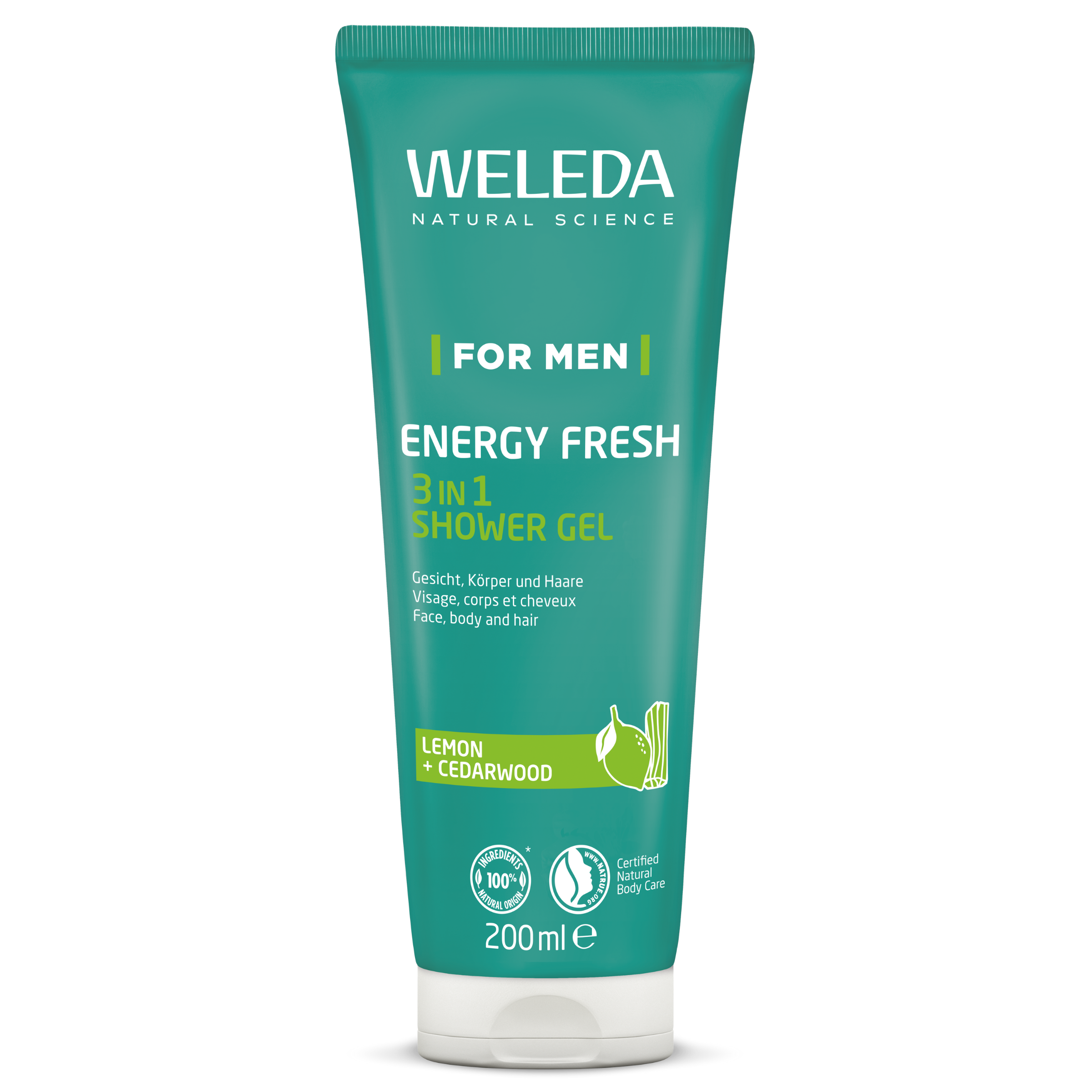 Weleda Men Energy Fresh 3-in-1 shower gel for body, face, and hair in a 200ml bottle, designed for revitalizing freshness.