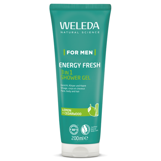 Weleda Men Energy Fresh 3-in-1 shower gel for body, face, and hair in a 200ml bottle, designed for revitalizing freshness.