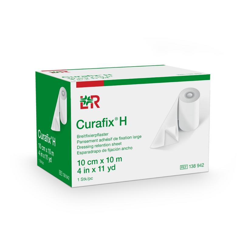 Curafix H fixation plaster 10m x 10cm used for wound securing, shown in the image with its sterile adhesive bandage design.