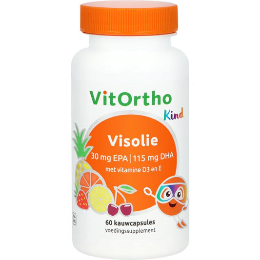 VitOrtho Visolie 30mg EPA DHA omega-3 capsules for children, 60 softgel capsules with fish oil for healthy development.