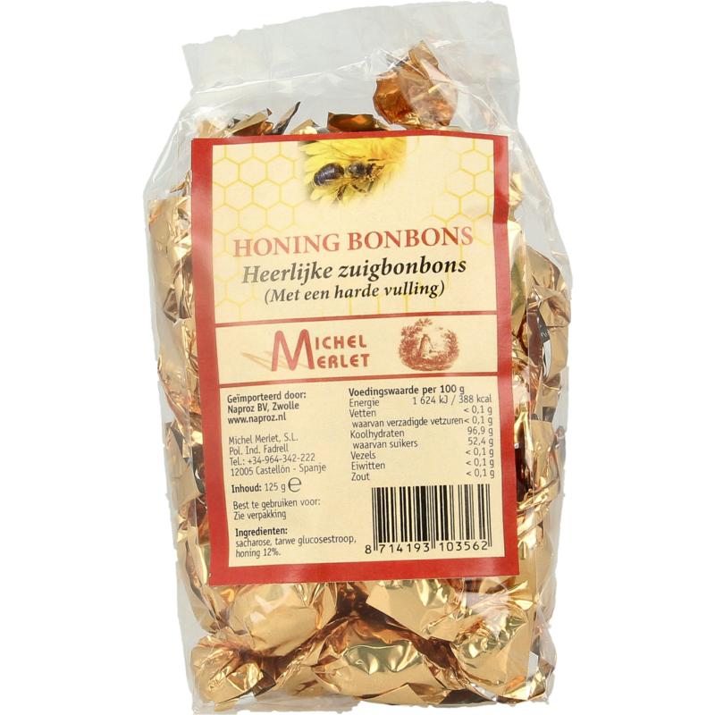 Michel Merlet Honing bonbons naturel, 125g, natural honey sweets with glossy golden appearance and individual wrappers.