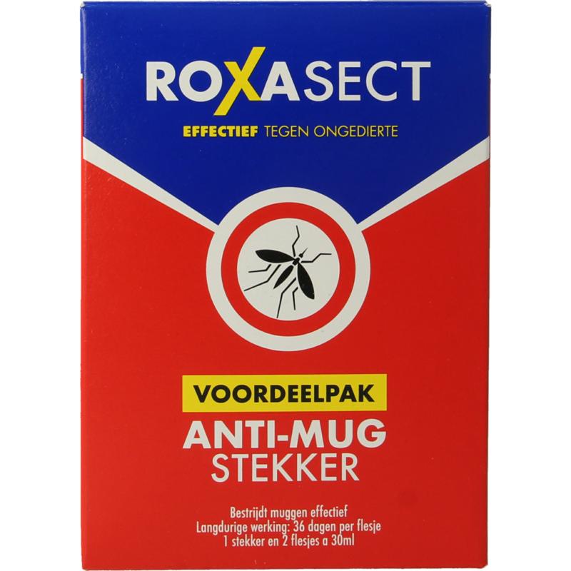Roxasect Anti Mug Stekker pesticide device for insect control, showing the Roxasect brand and the pest trap in the image.