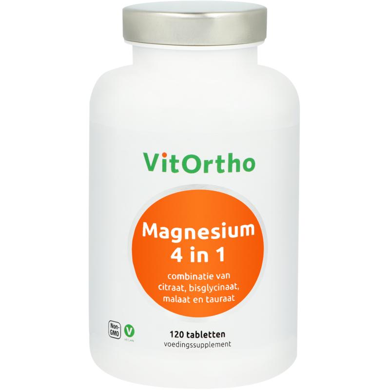 VitOrtho Magnesium 4-in-1 mineral supplement tablets, 120 count, showing the bottle and tablets inside.