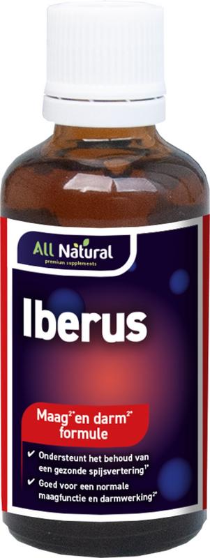 All Natural Iberus maag darm formule herbal supplement in a 100ml bottle, featuring natural herbal ingredients for digestive support.