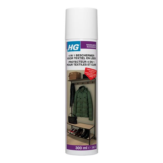 HG 4-in-1 Textile Protector spray bottle showing the spray nozzle and label for fabric protection and cleaning.