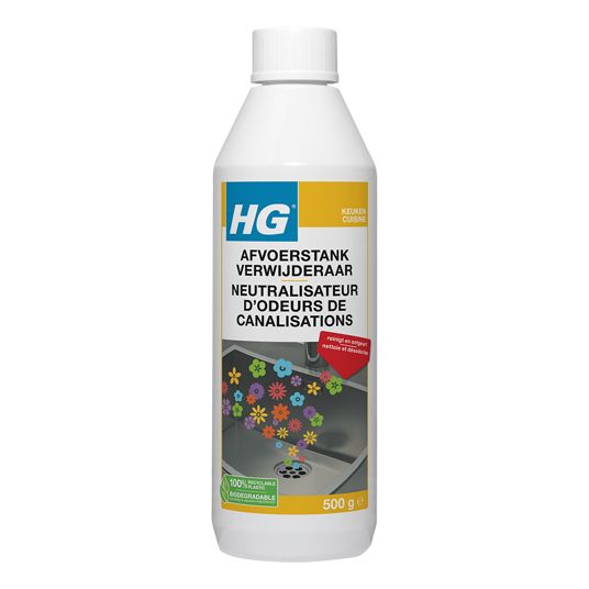 HG Afvoerstank verwijderaar 500g, cleaning product for drain maintenance, with the container and product label visible.