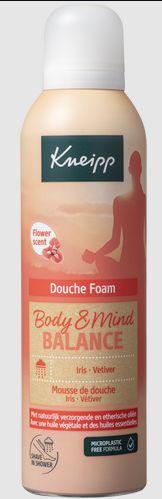 Kneipp Body & Mind douchefoam Balance in a 200ml bottle, showing the foam texture and soothing design, for body and mind relaxation.