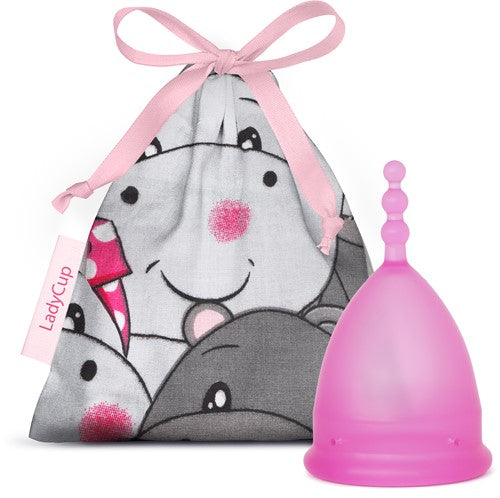 Pink Ladycup menstruatiecup in maat S, featuring a hippo design, for comfortable women’s hygiene use.