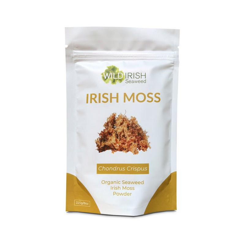 Wild Irish Irish moss powder in a 225g package, natural herbal supplement from Wild Irish, shown in a clear container.