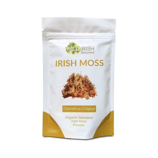 Wild Irish Irish moss powder in a 225g package, natural herbal supplement from Wild Irish, shown in a clear container.