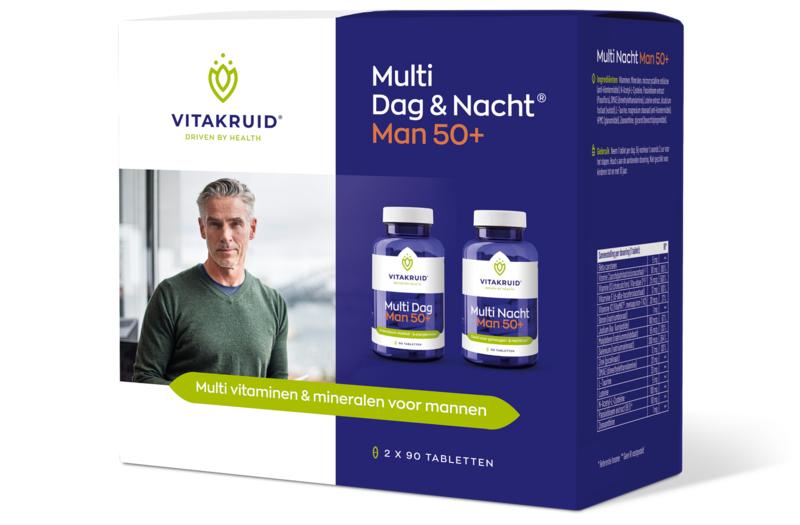 Vitakruid Multi Dag & Nacht Man 50+ vegan multivitamin tablets, 2 packs of 90 for daily and nighttime health support.