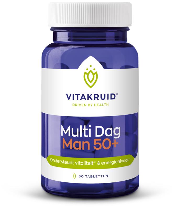 Vitamins Multi for men 50+ by Vitakruid, 30 vegan tablets, showing the supplement bottle with label and tablets inside.