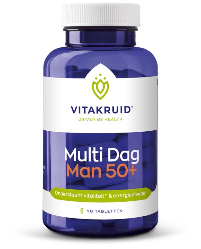 VitaKruid Multi Dag Man 50+ vegan multivitamine tabletten in a bottle, designed for men's daily nutritional support.