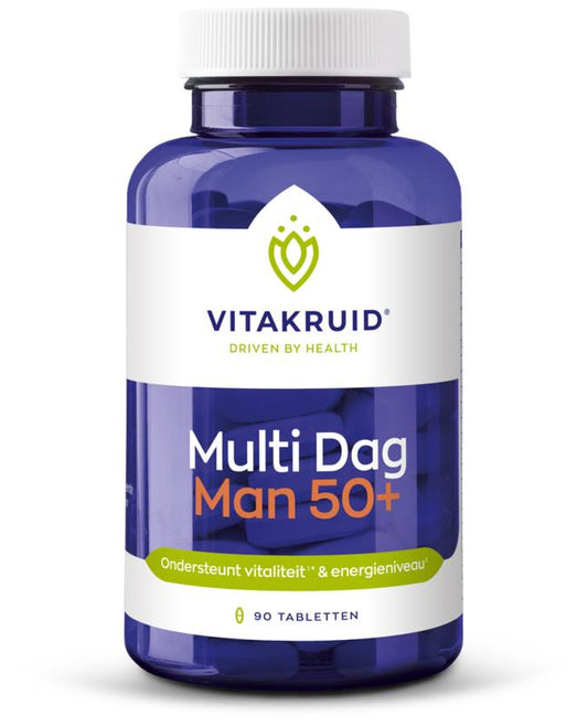 VitaKruid Multi Dag Man 50+ vegan multivitamine tabletten in a bottle, designed for men's daily nutritional support.