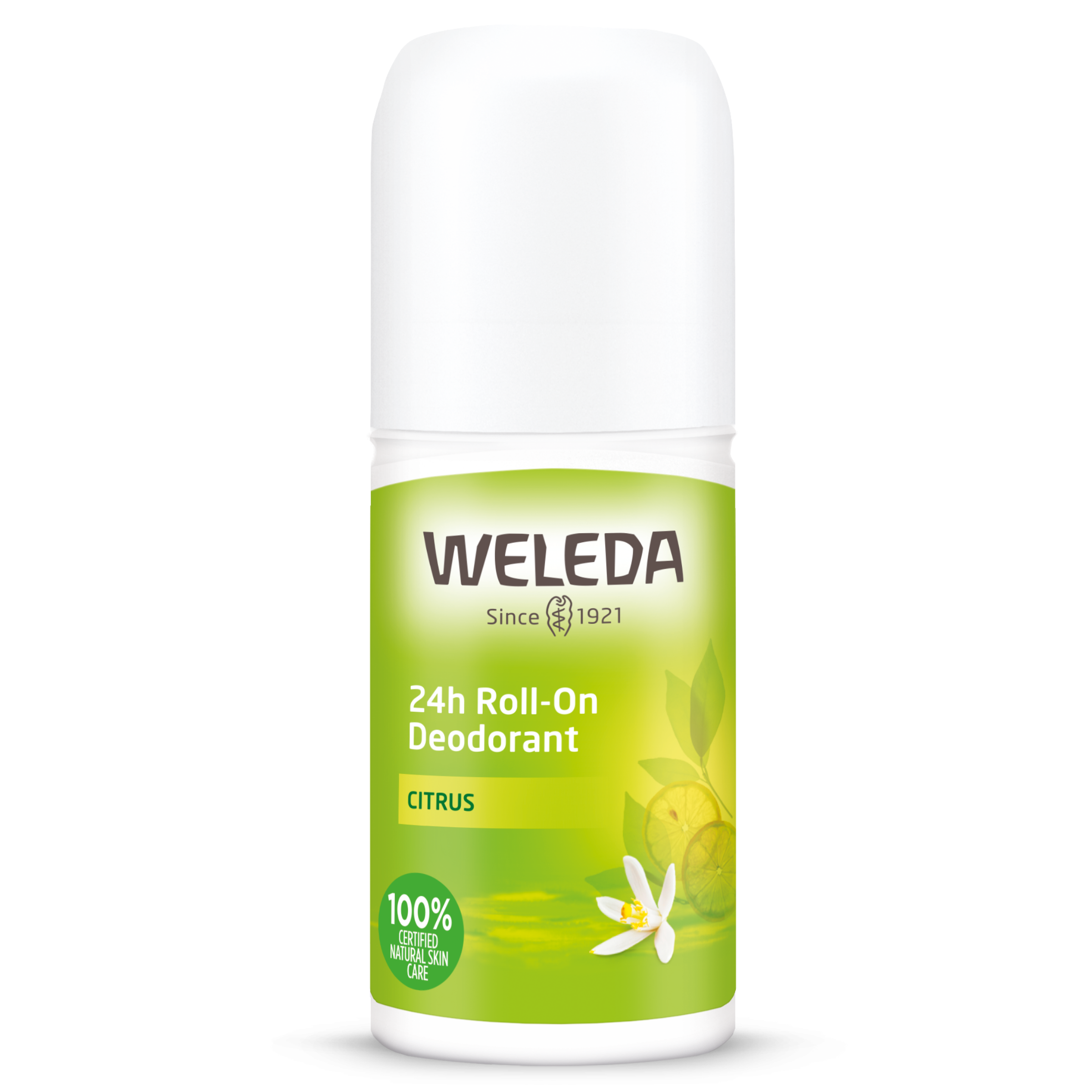 Weleda Citrus 24h roll-on deodorant bottle, 50ml, with citrus scent and natural ingredients for fresh underarm protection.