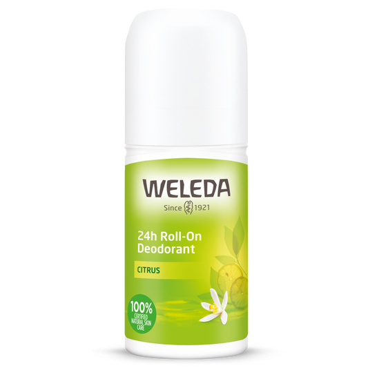 Weleda Citrus 24h roll-on deodorant bottle, 50ml, with citrus scent and natural ingredients for fresh underarm protection.