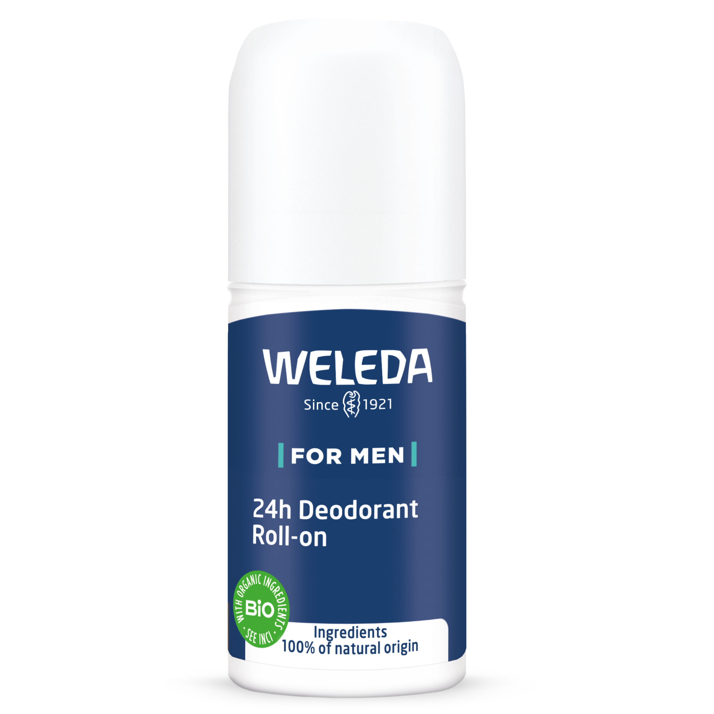 Weleda men's roll-on deodorant, 50ml bottle, provides 24-hour odor protection with natural ingredients.