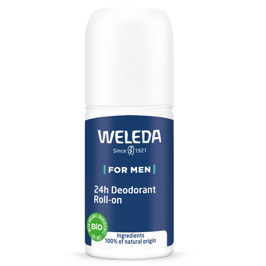 Weleda men's roll-on deodorant, 50ml bottle, provides 24-hour odor protection with natural ingredients.