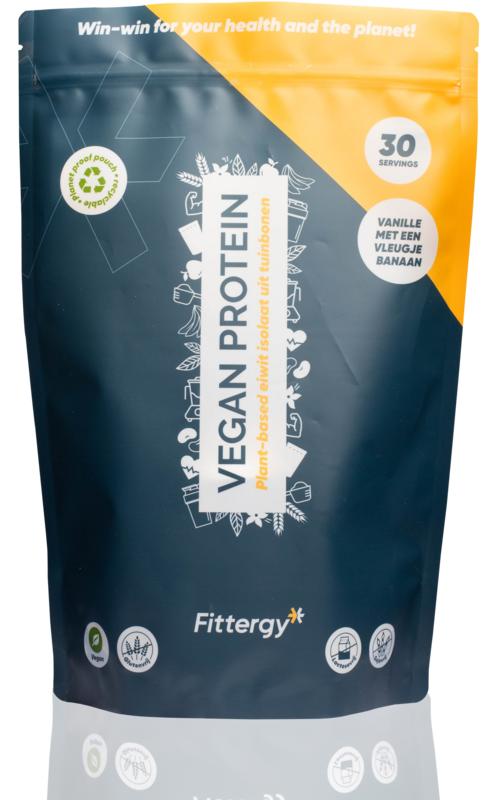 Fittergy Vegan Protein Aminozuren supplement in 750g container, featuring a label with product details and branding.