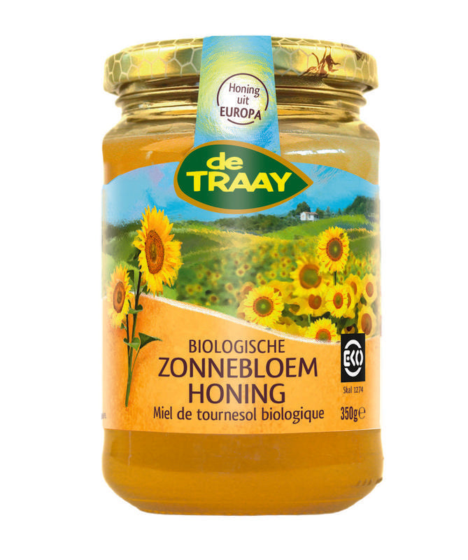 De Traay Zonnebloem honing creme in 350g jar, smooth golden honey with sunflower flavor, natural and organic honey product.