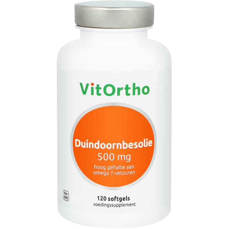 VitOrtho Duindoornbesolie 500mg softgel capsules, natural omega fatty acids, shown in a close-up image.