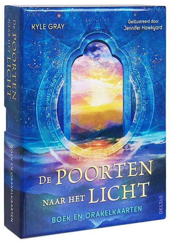 Deltas Poorten naar het licht boek and card set, featuring colorful illustrations and Dutch text on the cover.