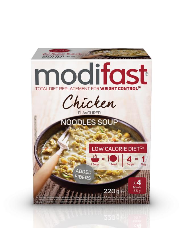 Modifast Intensive chicken noodle soup in a 220g package, featuring pasta and rice, with savory chicken flavor.