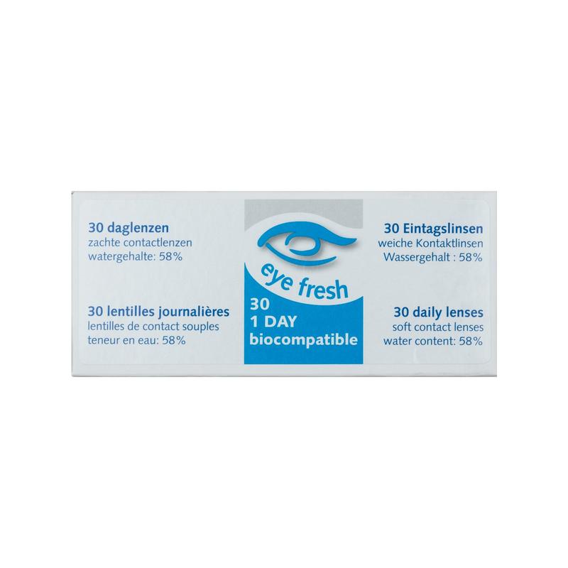 Eyefresh Daglenzen -5.75 contact lenses in a box with 30 pairs, optiek brand, displayed in a clear container.