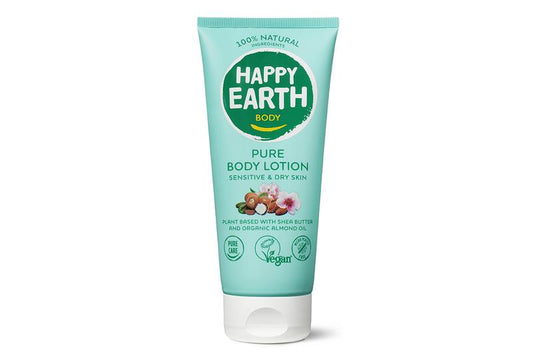 Happy Earth Bodylotion zacht 200ml bottle for moisturizing body care, featuring a simple, clean design with a pump dispenser.