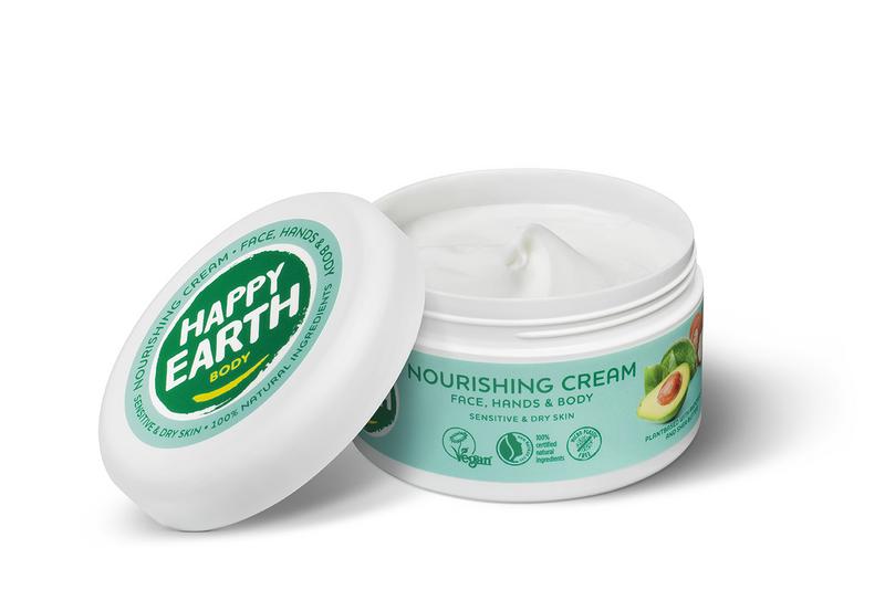 Happy Earth voedende lichaamsverzorgingscrème in 200 ml, creamy texture, natural ingredients, ideal voor hydratatie en huidverzorging