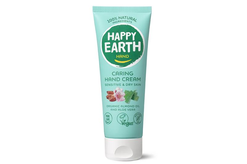 Happy Earth Handcreme verzorgende handverzorging in 75ml tube, featuring a soothing formula for soft, moisturized hands.