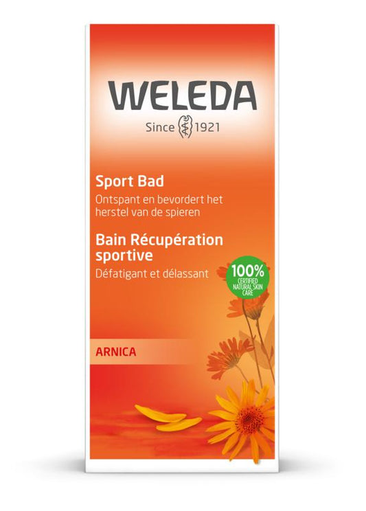 Weleda Arnica Sport Bad 200ml for muscles and joints, showing a bottle with herbal ingredients and a relaxing bath scene