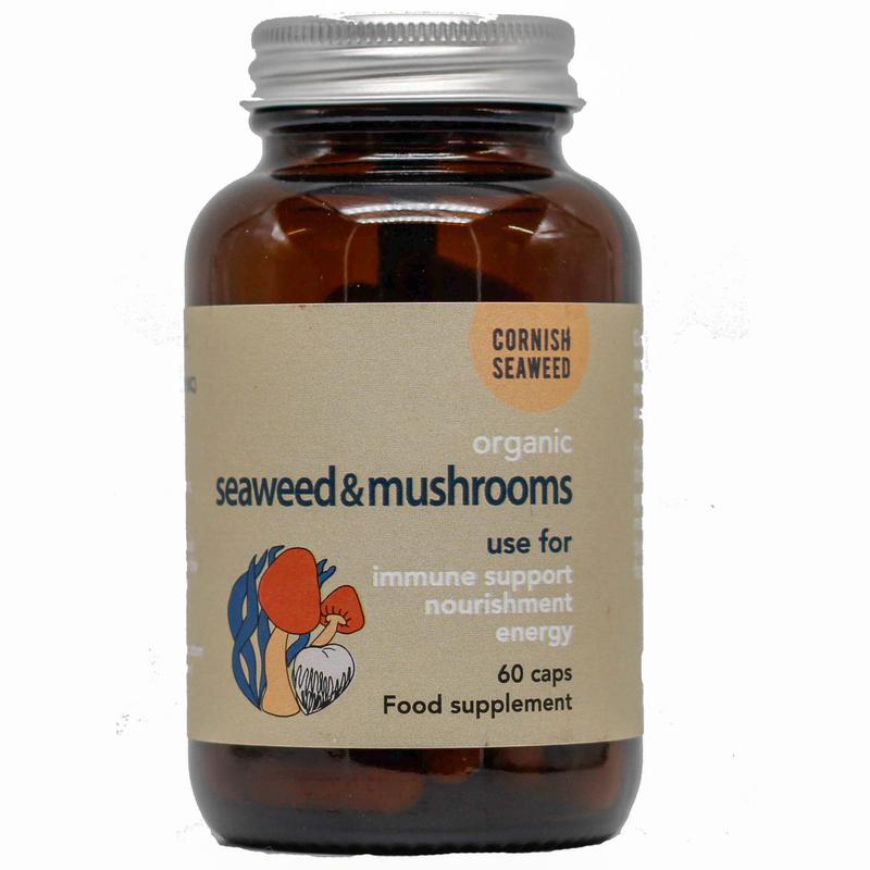 Cornish Seaweed supplement capsules with kelp, lion's mane mushroom, and shiitake mushrooms in a bottle of 60 capsules.