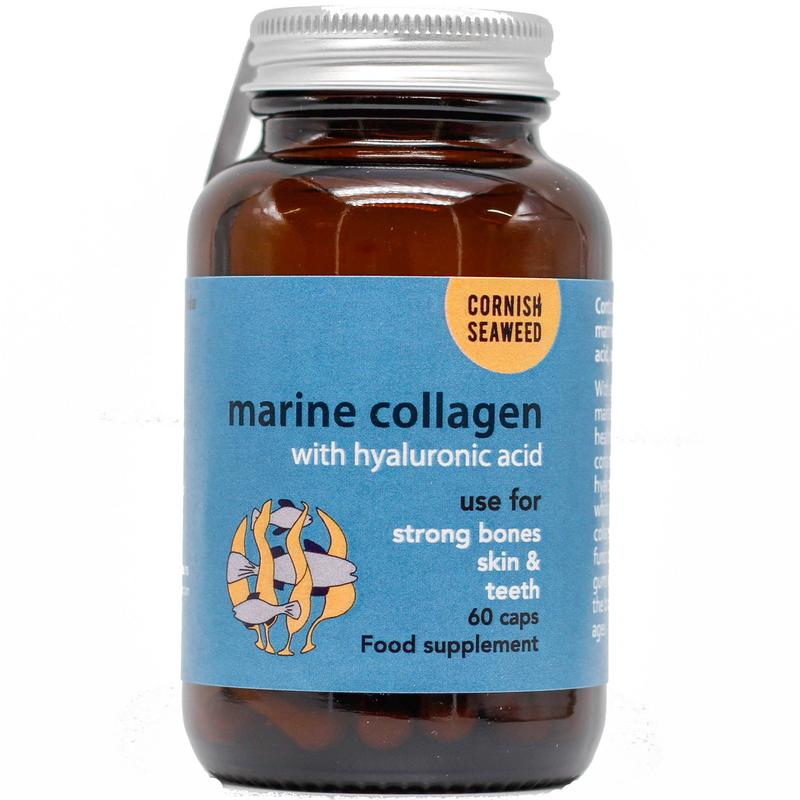 Cornish Seaweed marine collagen capsules with hyaluronic acid and kelp, dietary supplement for skin and joint health.